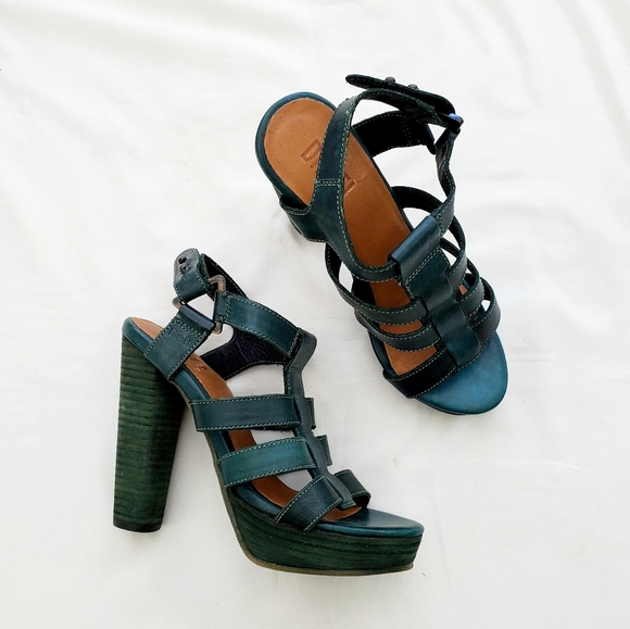 Diesel strap sandals green leather & wooden heels - Picture 3 of 11